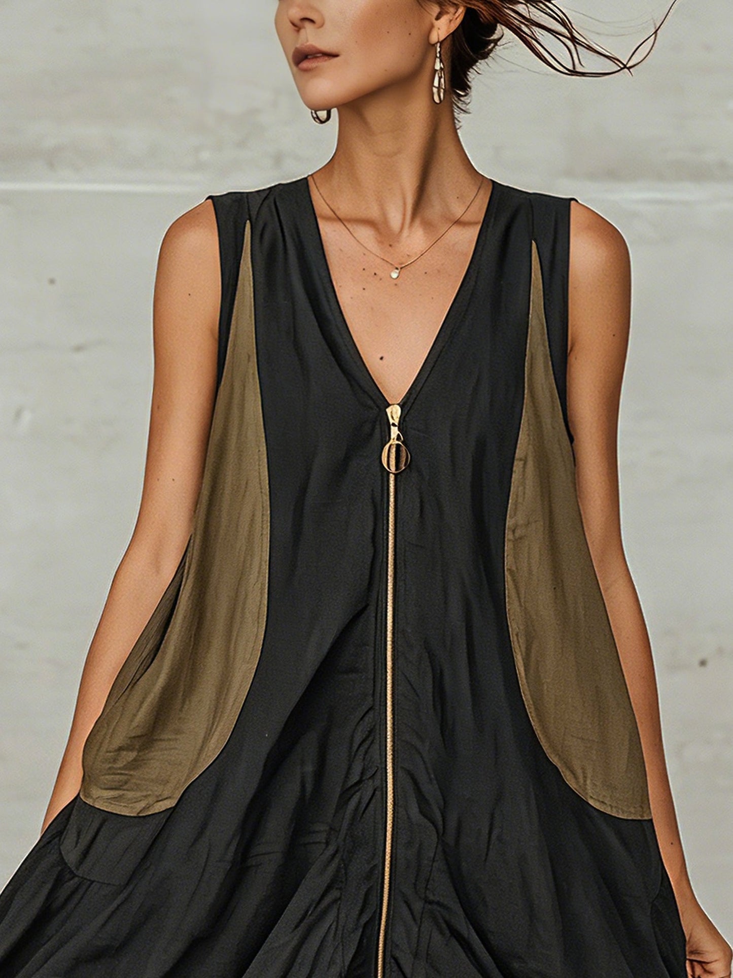 Elegant Black Midi Dress for Women with V Neck Sleeveless Zip Front Lace Trim Bohemian Style