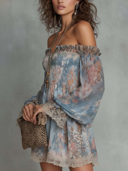 Elegant Blue Floral Mini Dress for Women with Off Shoulder Balloon Sleeve Smocked Bohemian Style