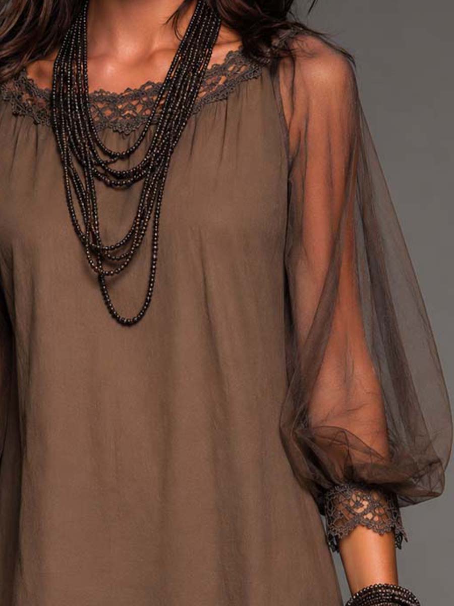 Elegant Brown Lace Mini Dress for Women with Round Neck Sheer Bishop Sleeve Scalloped Hem Boho Style