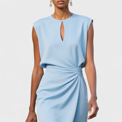 Elegant Keyhole Midi Dress for Women with Round Neck Cap Sleeve Ruched Wrap Cocktail Style