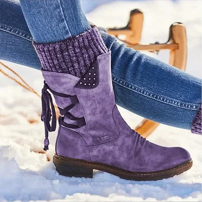 Comfortable Suede Rainproof Boots for Women with Knit Cuff Lace Up Chunky Heel Winter Style