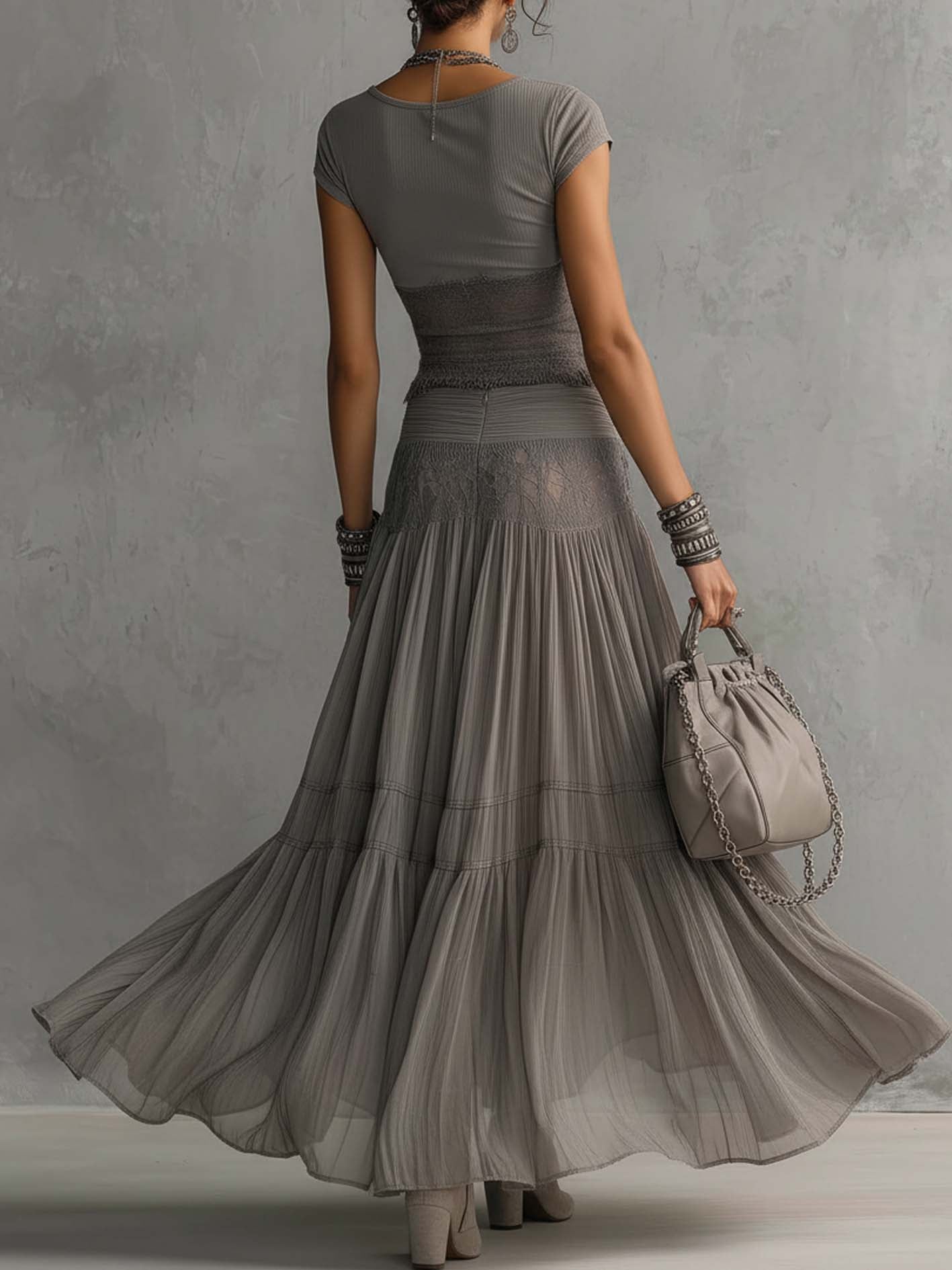 Effortless Grey Two Piece Set for Women with Round Neck Cap Sleeve Lace Trim Tiered Maxi Boho Style