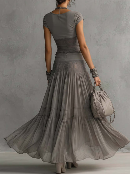 Effortless Grey Two Piece Set for Women with Round Neck Cap Sleeve Lace Trim Tiered Maxi Boho Style
