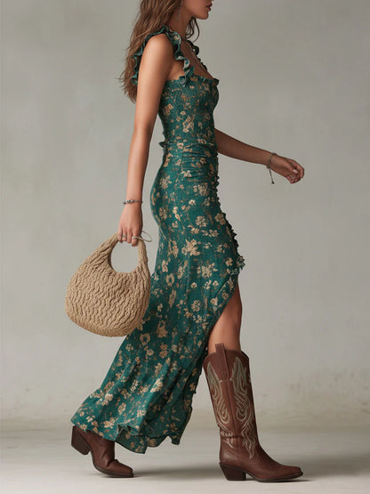 Elegant Green Floral Maxi Dress for Women with Square Neck Ruffle Strap Ruched High Slit Bohemian Style