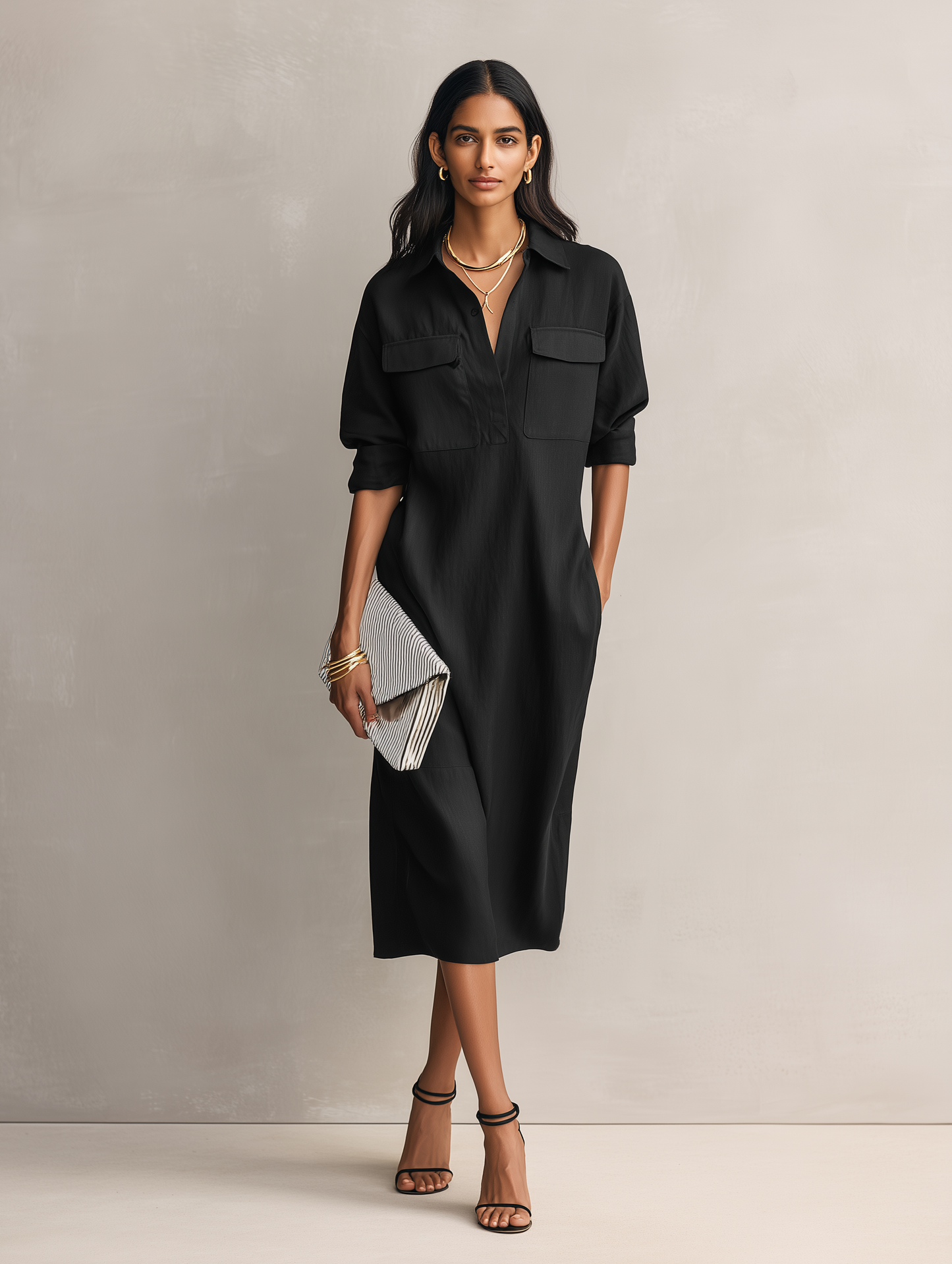 Elegant Black Shirt Dress for Women with Collar Long Sleeve Button Front Relaxed Midi Style