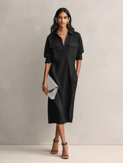 Elegant Black Shirt Dress for Women with Collar Long Sleeve Button Front Relaxed Midi Style