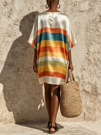 Elegant Rainbow Striped Satin Kaftan Dress for Women with Round Neck Batwing Sleeve Oversized Flowing Style