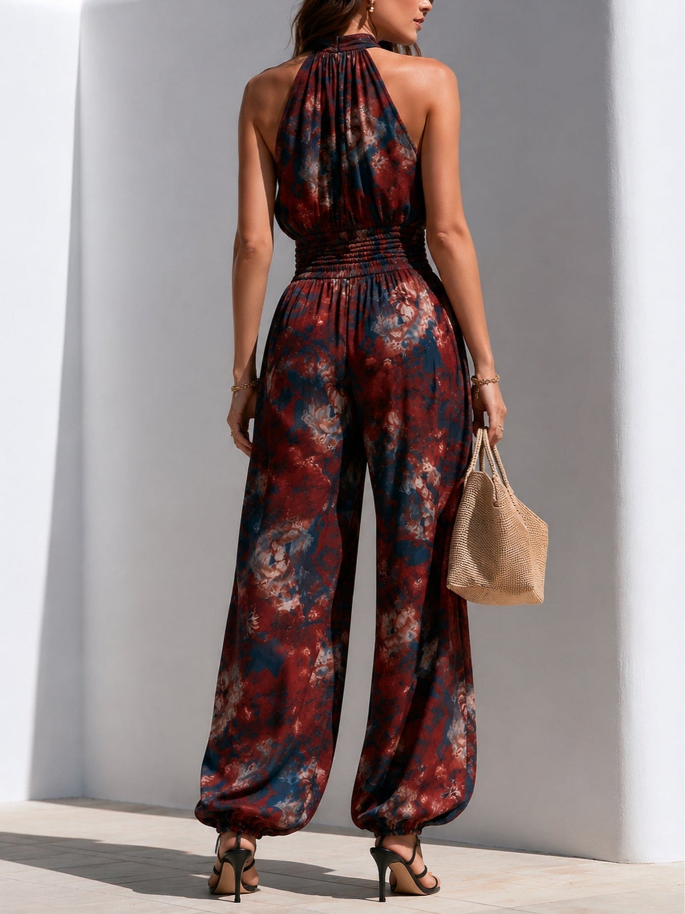 Effortless Tie Dye Jumpsuit for Women with Halter Neck Sleeveless Wide Leg Bohemian Style