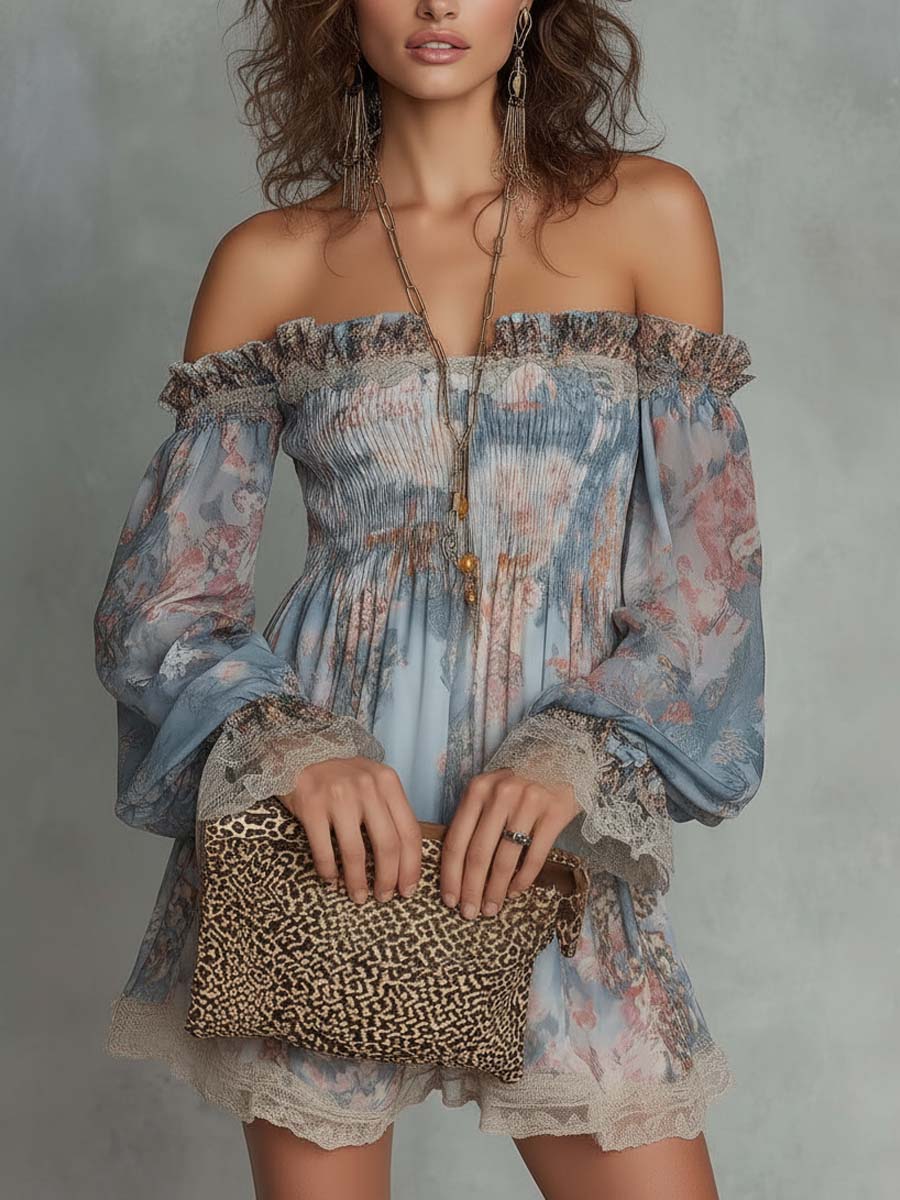 Elegant Blue Floral Mini Dress for Women with Off Shoulder Balloon Sleeve Smocked Bohemian Style