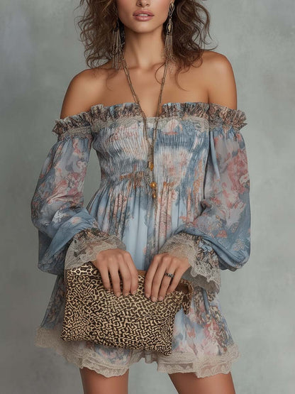 Elegant Blue Floral Mini Dress for Women with Off Shoulder Balloon Sleeve Smocked Bohemian Style