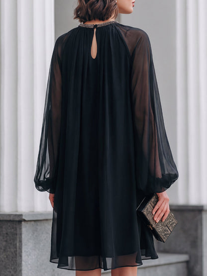 Elegant Black Chiffon Mini Dress for Women with Balloon Sleeve Embellished Neck Flowing Style