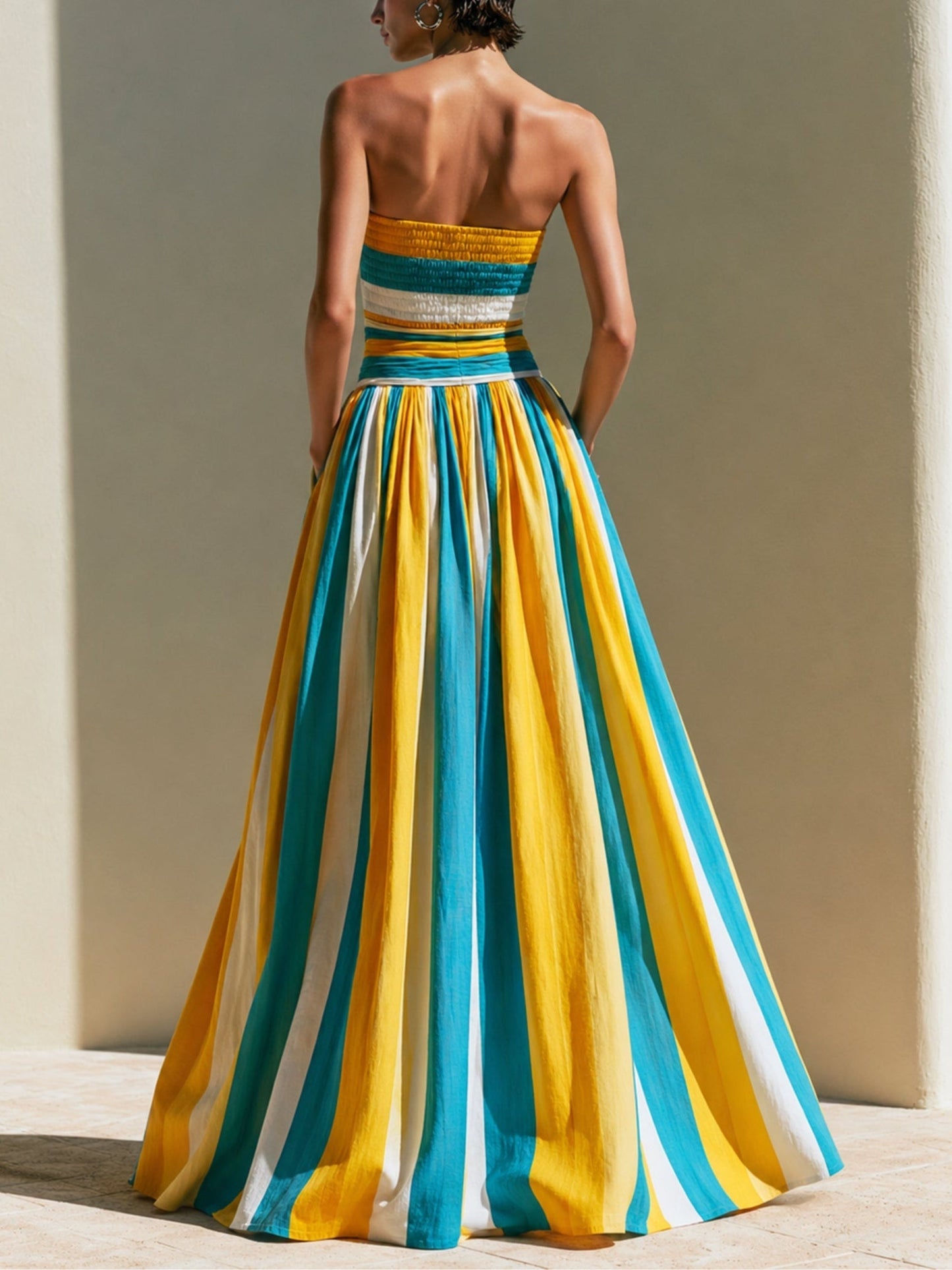 Effortless Yellow Striped Maxi Dress for Women with Strapless Smocked Bodice Pleated Full Skirt Flowing Style