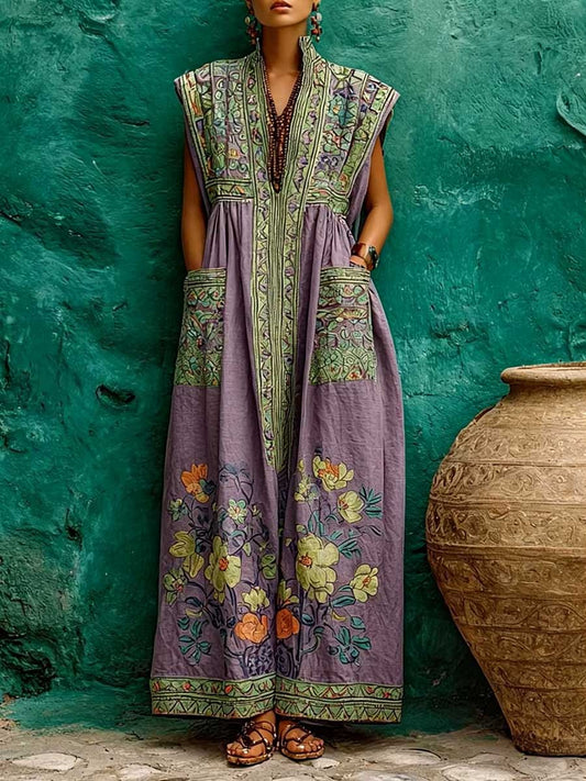 Elegant Purple Floral Kaftan Maxi Dress for Women with High Neck Cap Sleeve Embroidered Flowing Boho Style