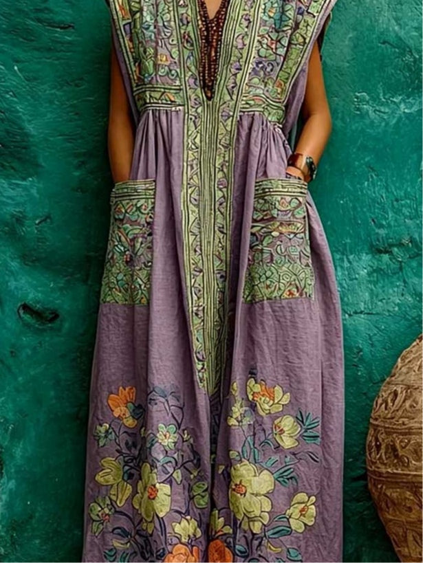 Elegant Purple Floral Kaftan Maxi Dress for Women with High Neck Cap Sleeve Embroidered Flowing Boho Style