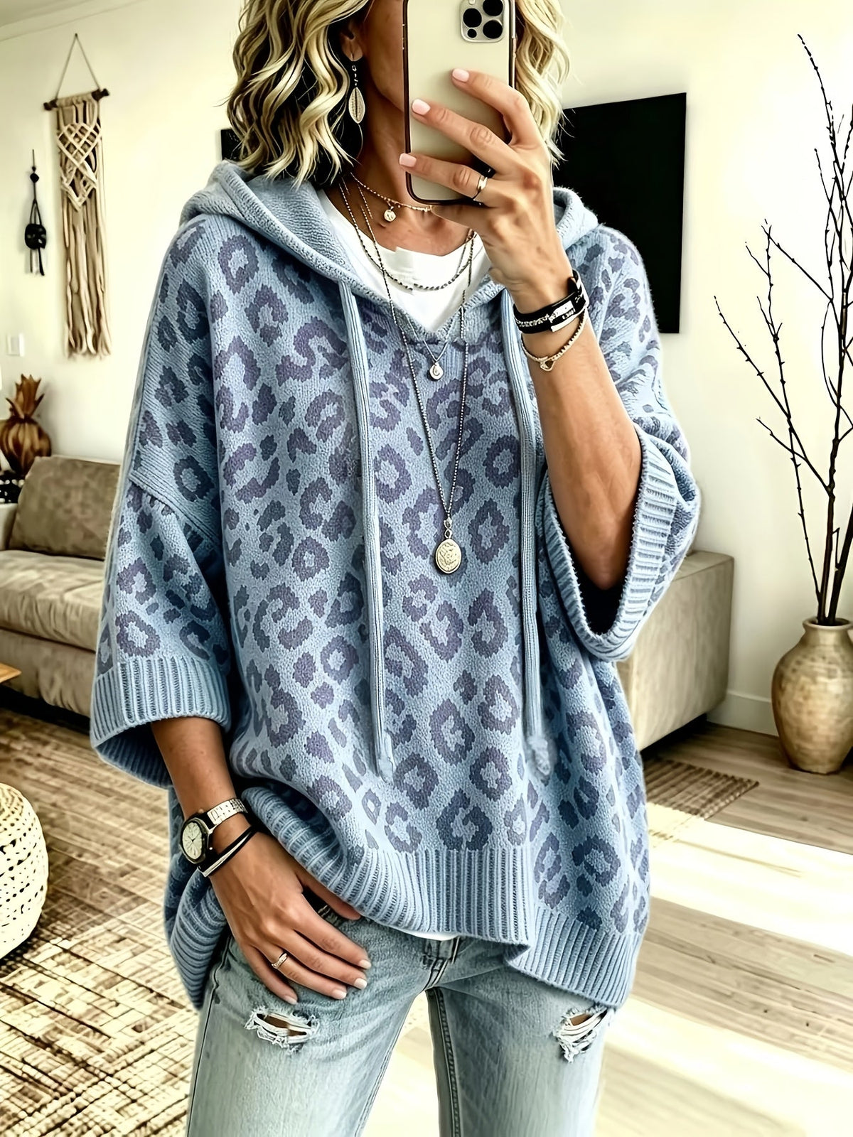Easy Leopard Print Oversized Hoodie for Women with Hooded Neck Batwing Sleeve Drawstring Knit Style