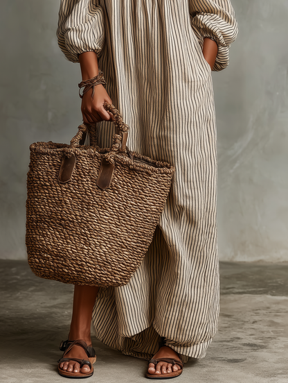 Effortless Beige Striped Linen Maxi Dress for Women with Off Shoulder Balloon Sleeve Flowing Bohemian Style