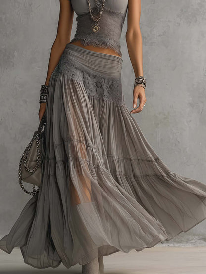 Effortless Grey Two Piece Set for Women with Round Neck Cap Sleeve Lace Trim Tiered Maxi Boho Style
