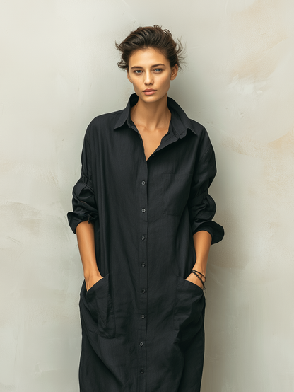 Effortless Black Linen Shirt Dress for Women with Collar Long Sleeve Button Front Oversized Casual Style