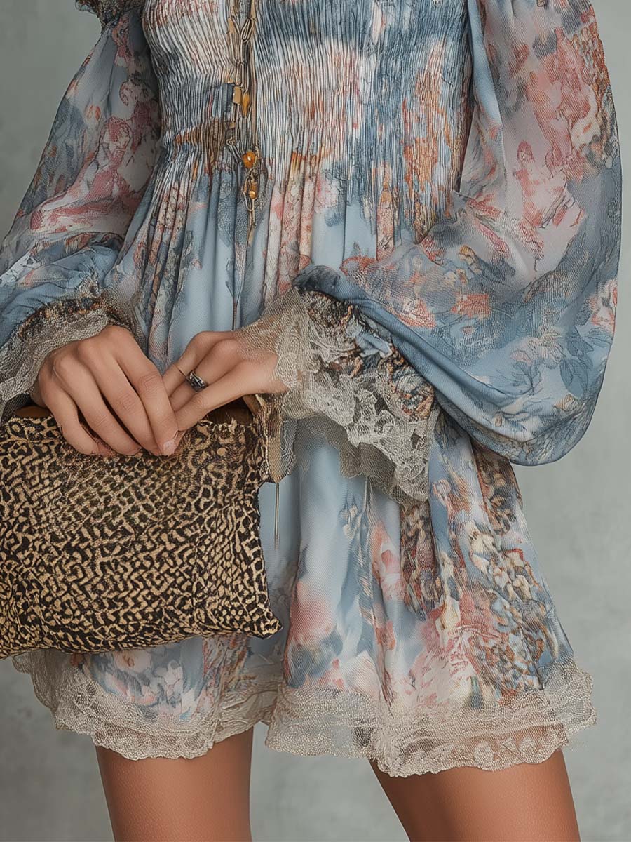 Elegant Blue Floral Mini Dress for Women with Off Shoulder Balloon Sleeve Smocked Bohemian Style