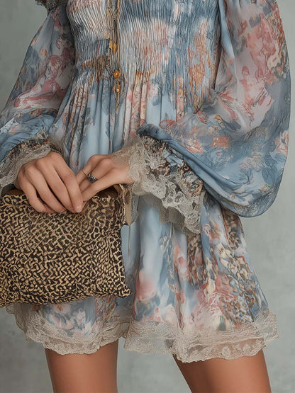 Elegant Blue Floral Mini Dress for Women with Off Shoulder Balloon Sleeve Smocked Bohemian Style