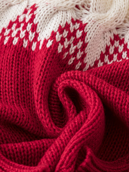 Warm Red Fair Isle Christmas Tacky Sweater for Women with High Neck Long Sleeve Knit Pullover Festive Style