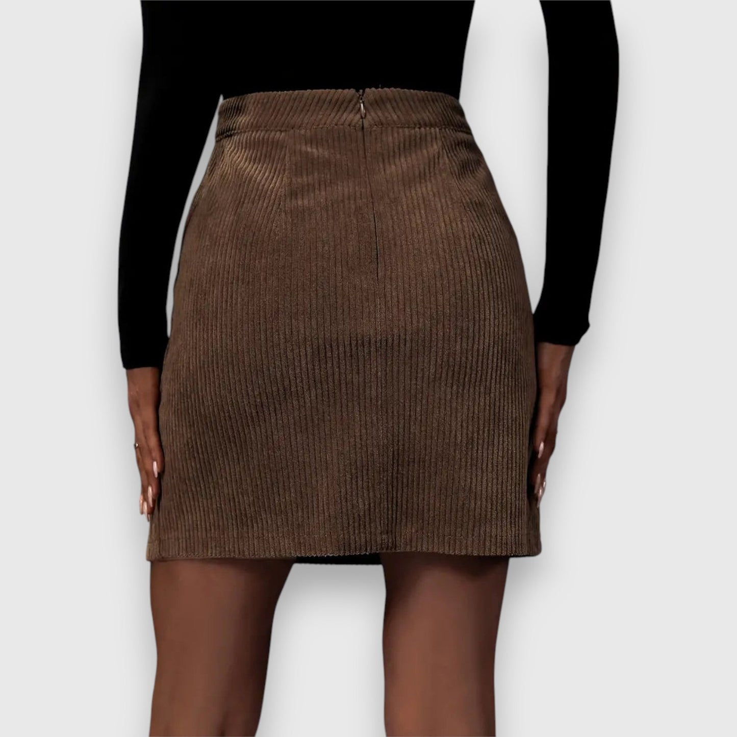 Effortless Brown Corduroy Mini Skirt for Women with High Waist Wrap Front Slit Casual Style