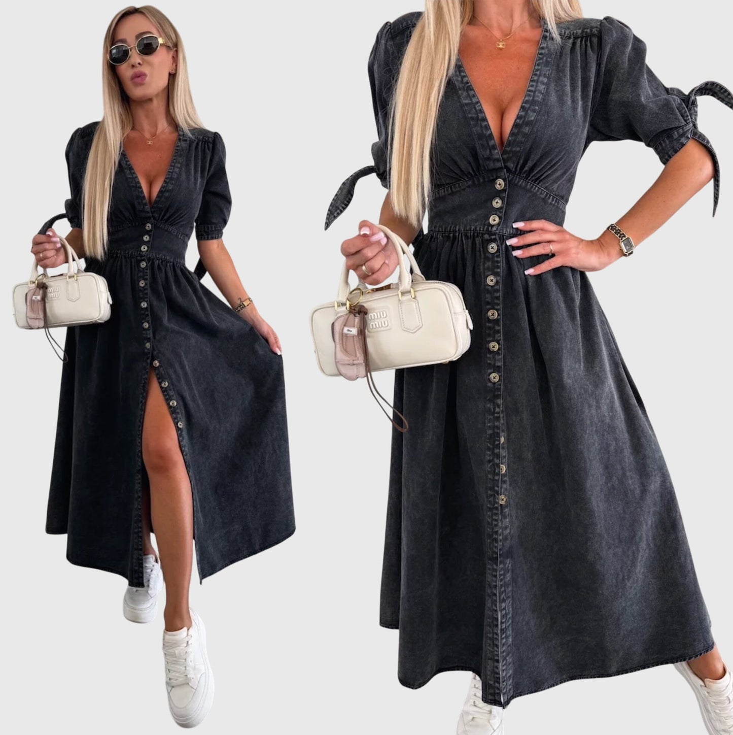 Effortless Denim Maxi Dress for Women with V Neck Elbow Sleeve Button Front Flowing Casual Style