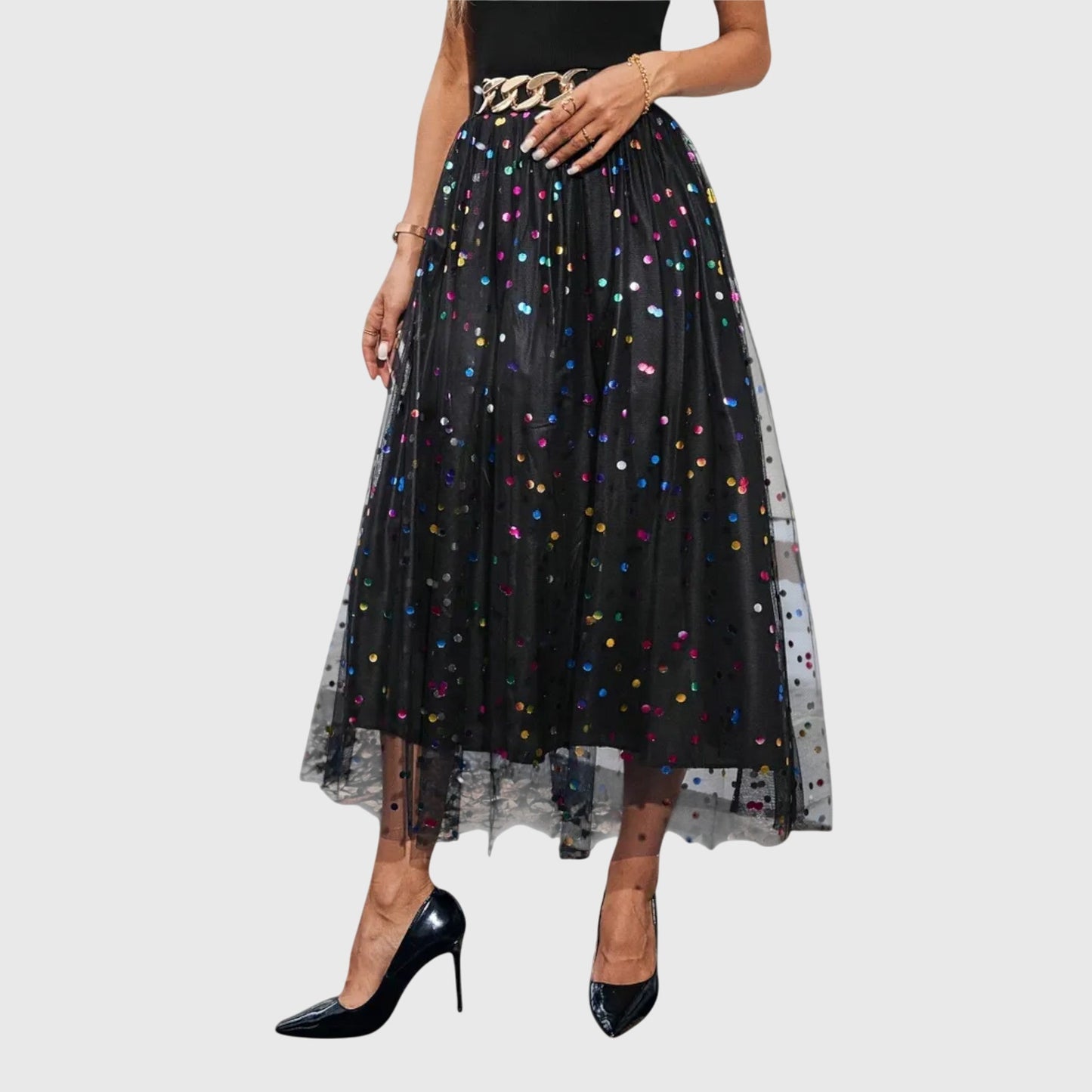 Elegant Black Sequin Polka Dot Maxi Skirt for Women with High Waist Mesh Overlay Sparkle Party Style