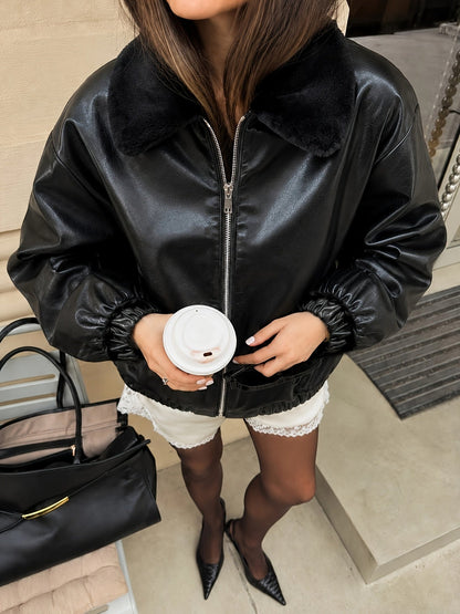 Chic Black Faux Leather Bomber Jacket for Women with Faux Fur Collar Zip Front Ribbed Knit Biker Style