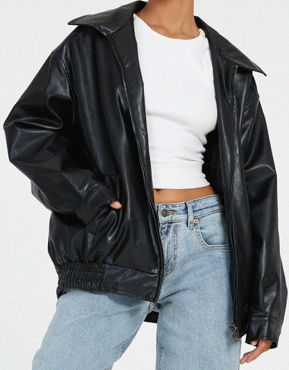 Women's Oversized Faux Leather Bomber Jacket