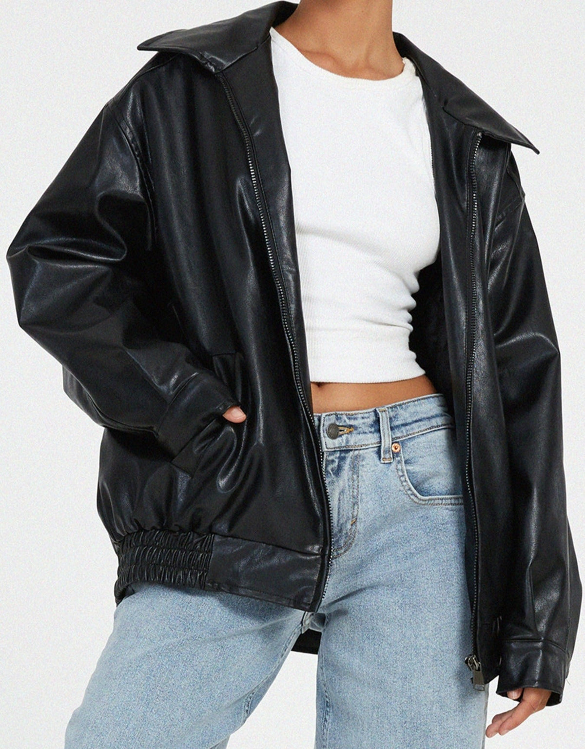 Elegant Brown Oversized Faux Leather Jacket for Women with Spread Collar Zip Front Relaxed Daily Style