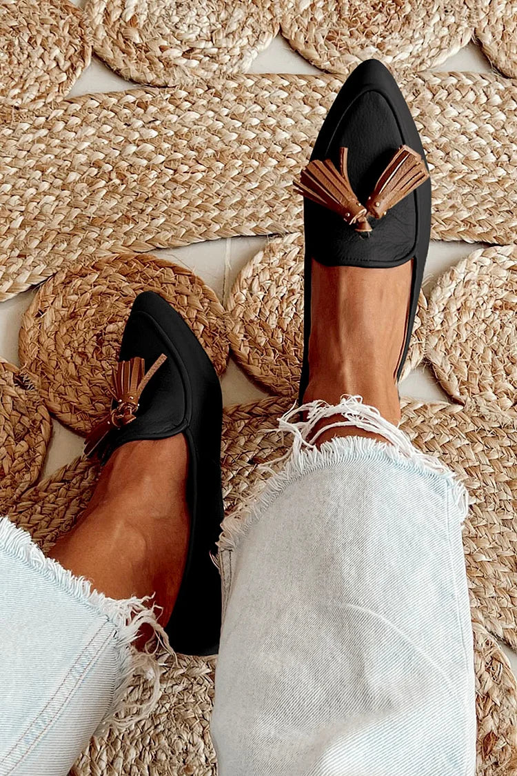 Stylish Black Tassel Loafer Mule for Women with Pointed Toe Backless Slip On Casual Style