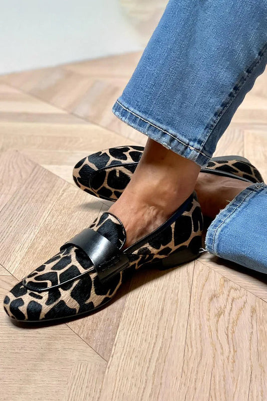 Elegant Black Leopard Print Calf Hair Loafer for Women with Penny Strap Pointed Toe Block Heel Casual Style
