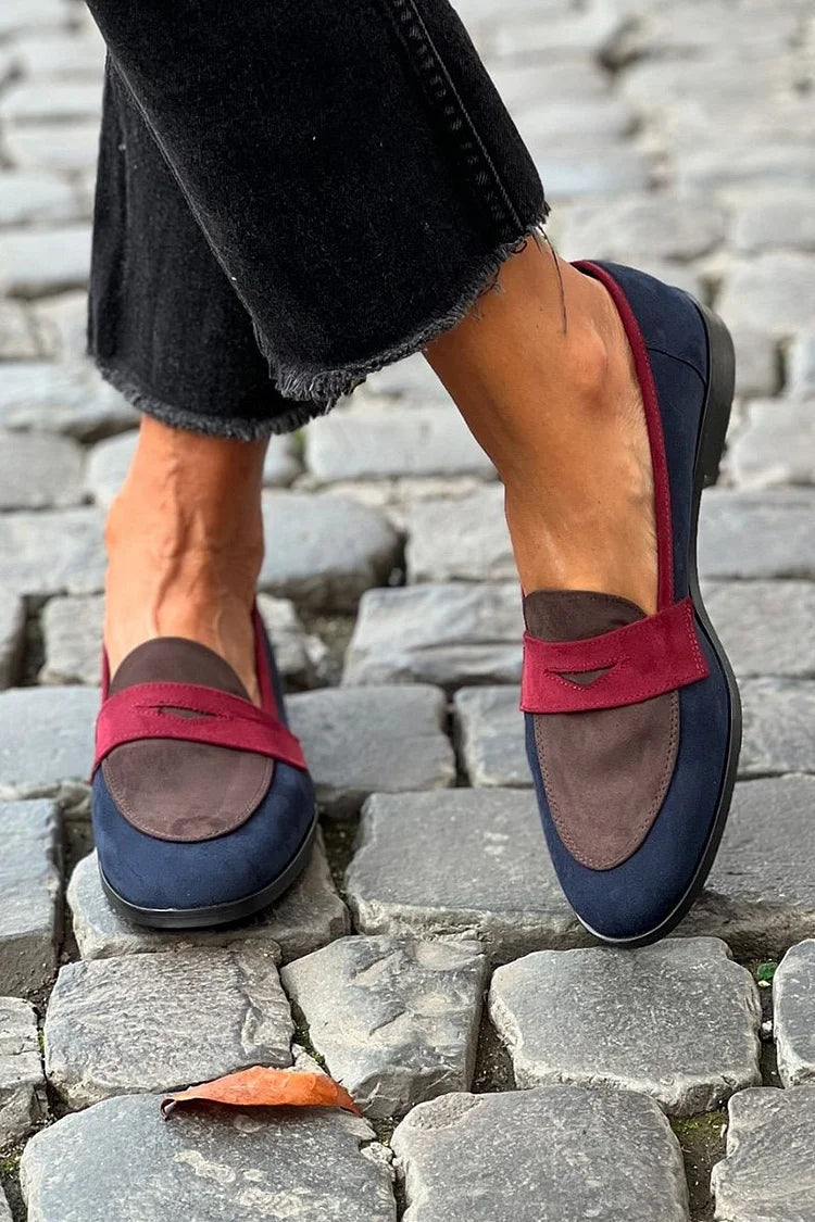 Stylish Navy Suede Loafer for Women with Burgundy Color Block Penny Strap Flat Style