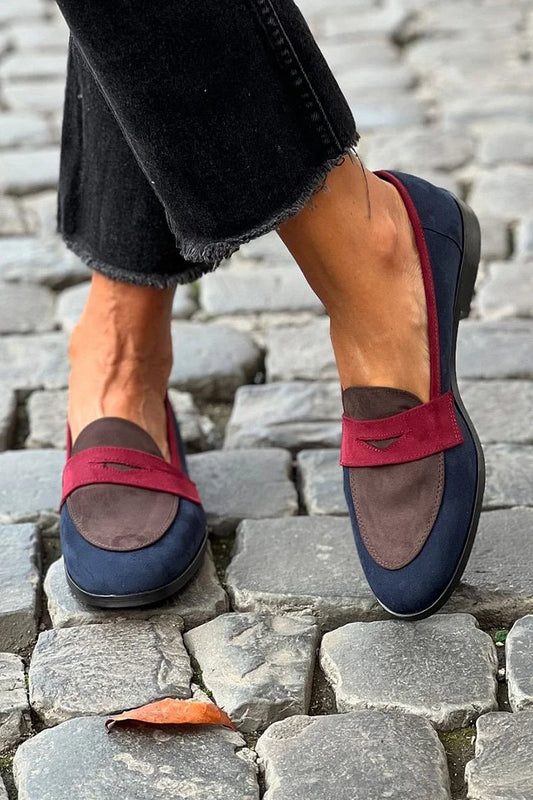Stylish Navy Suede Loafer for Women with Burgundy Color Block Penny Strap Flat Style