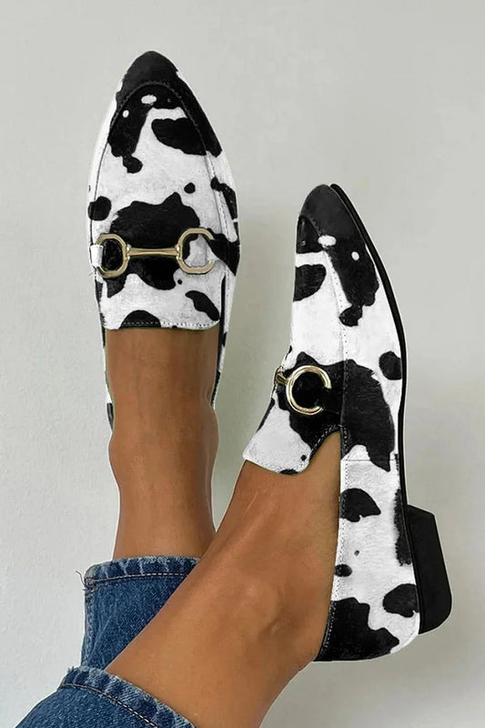 Stylish White Black Cow Print Loafer Flat for Women with Pointed Toe Horsebit Buckle Low Heel Style