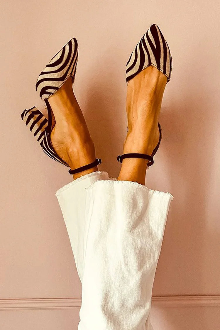 Elegant Zebra Print Pointed Toe Flat for Women with Ankle Strap Slingback Calf Hair Style