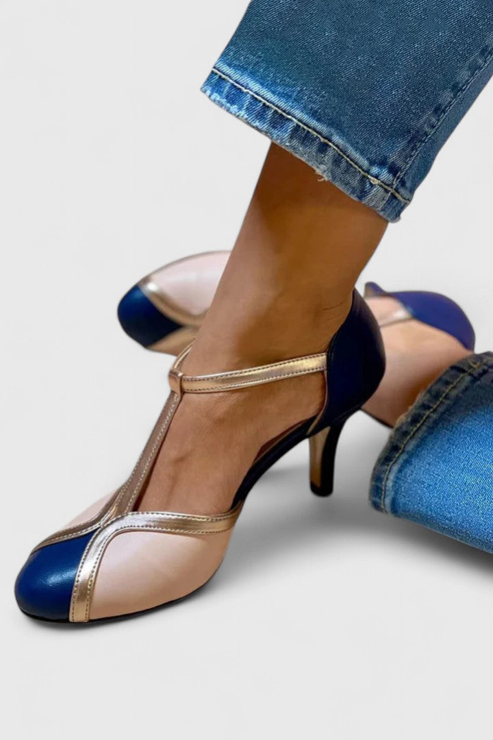 Elegant Color Block T-Strap Sandal for Women with Metallic Trim Buckle Ankle Kitten Heel Style