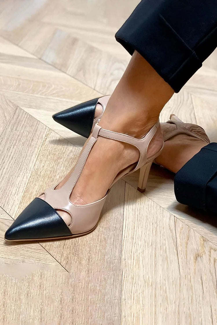 Stylish Beige Leather Pump for Women with Pointed Toe T Strap Stiletto Heel Style