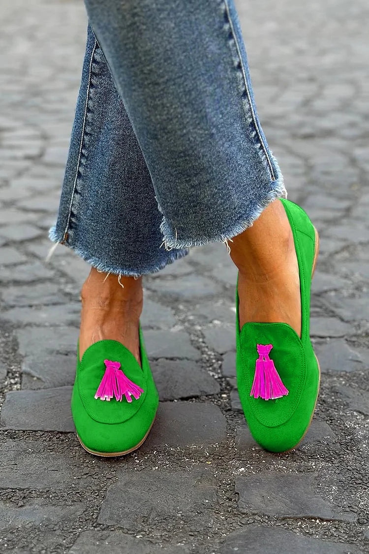 Elegant Green Suede Tassel Loafer for Women with Round Toe Slip On Flat Style