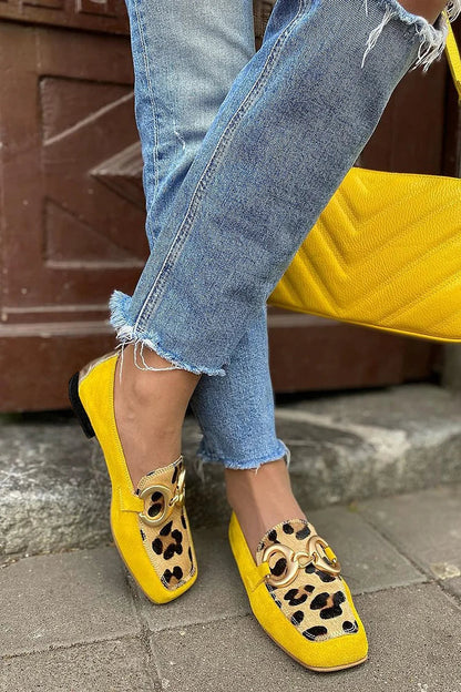 Elegant Yellow Leopard Print Suede Loafer for Women with Square Toe Horsebit Buckle Block Heel Style