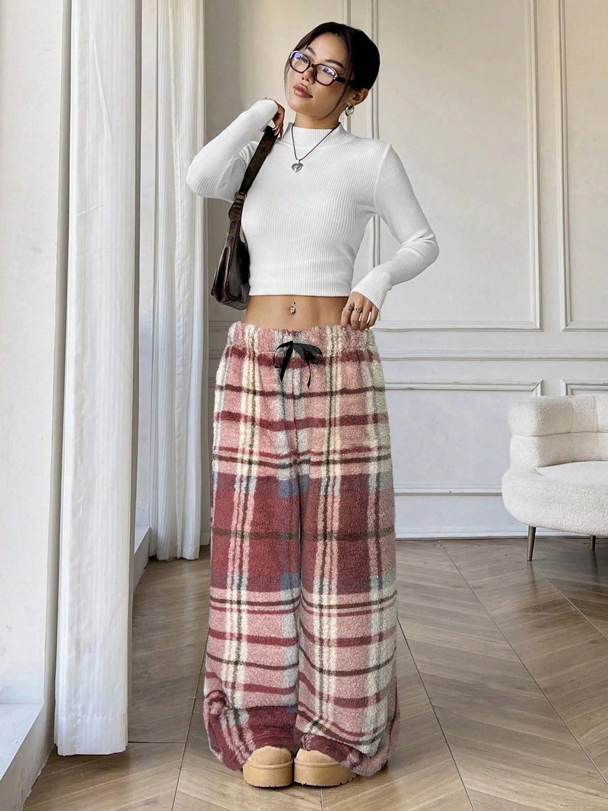 Warm Plaid Wide Leg Sweatpants for Women with Elastic Drawstring Plush Fleece Loungewear Style