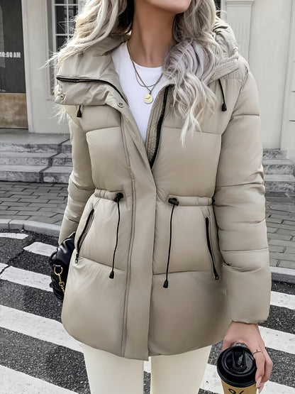 Warm Padded Ski Jacket for Women with Hooded Long Sleeve Elastic Drawstring Zip Pocket Style