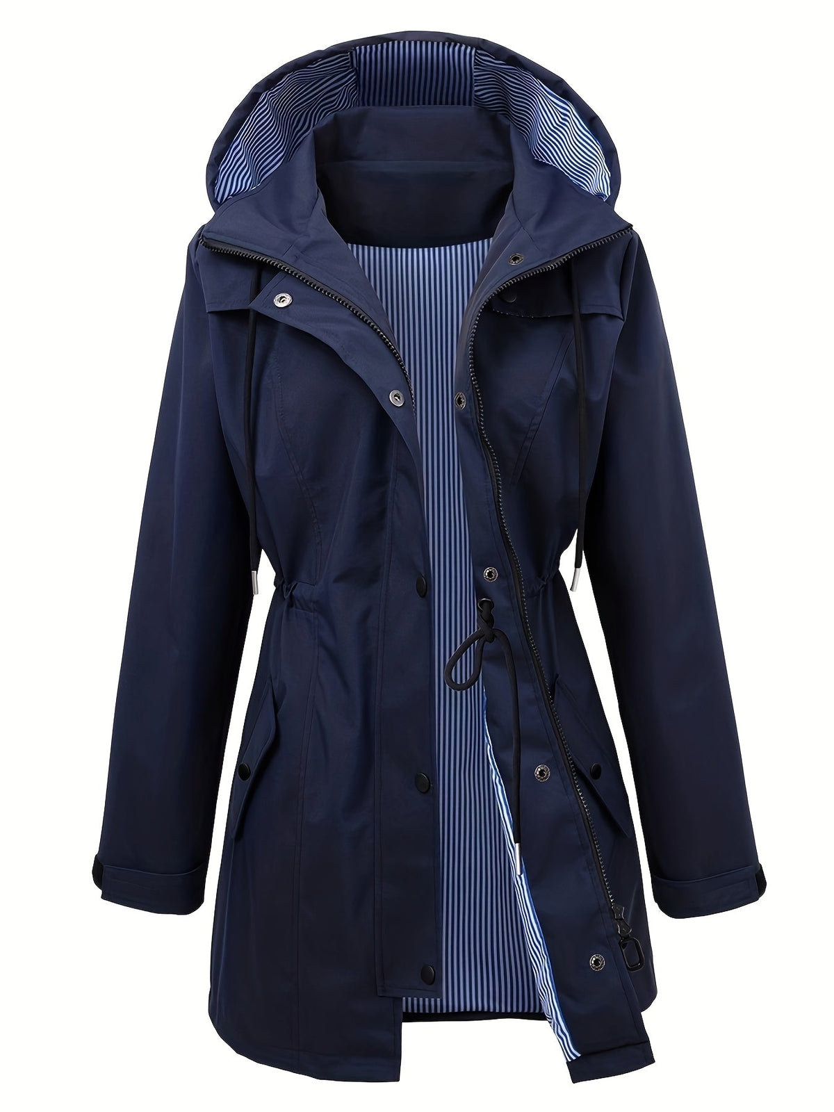 Stylish Hooded Rainwear Jacket for Women with Drawstring Waist Zip Front Long Windbreaker All Weather Style