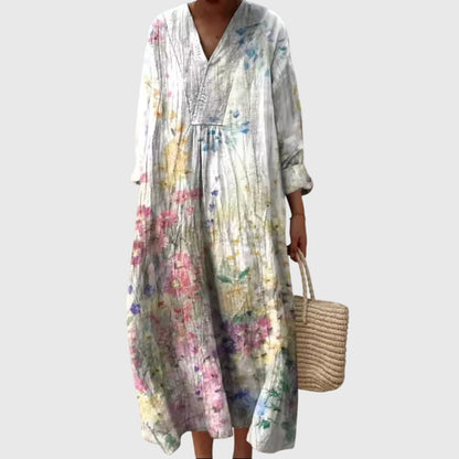 Effortless Patchwork Print Linen Maxi Dress for Women with V Neck Long Sleeve Relaxed Flowing Bohemian Style