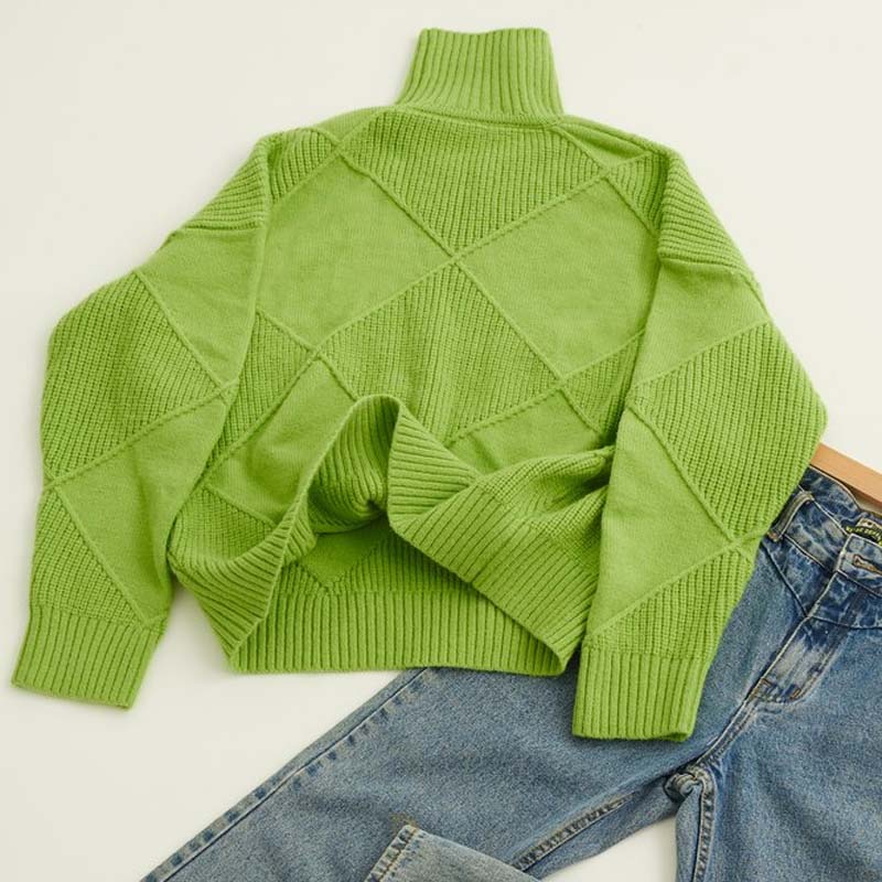 Comfortable Diamond Knit Sweater for Women with Turtleneck Long Sleeve Relaxed Oversized Style