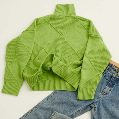 Comfortable Diamond Knit Sweater for Women with Turtleneck Long Sleeve Relaxed Oversized Style