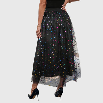Elegant Black Sequin Polka Dot Maxi Skirt for Women with High Waist Mesh Overlay Sparkle Party Style