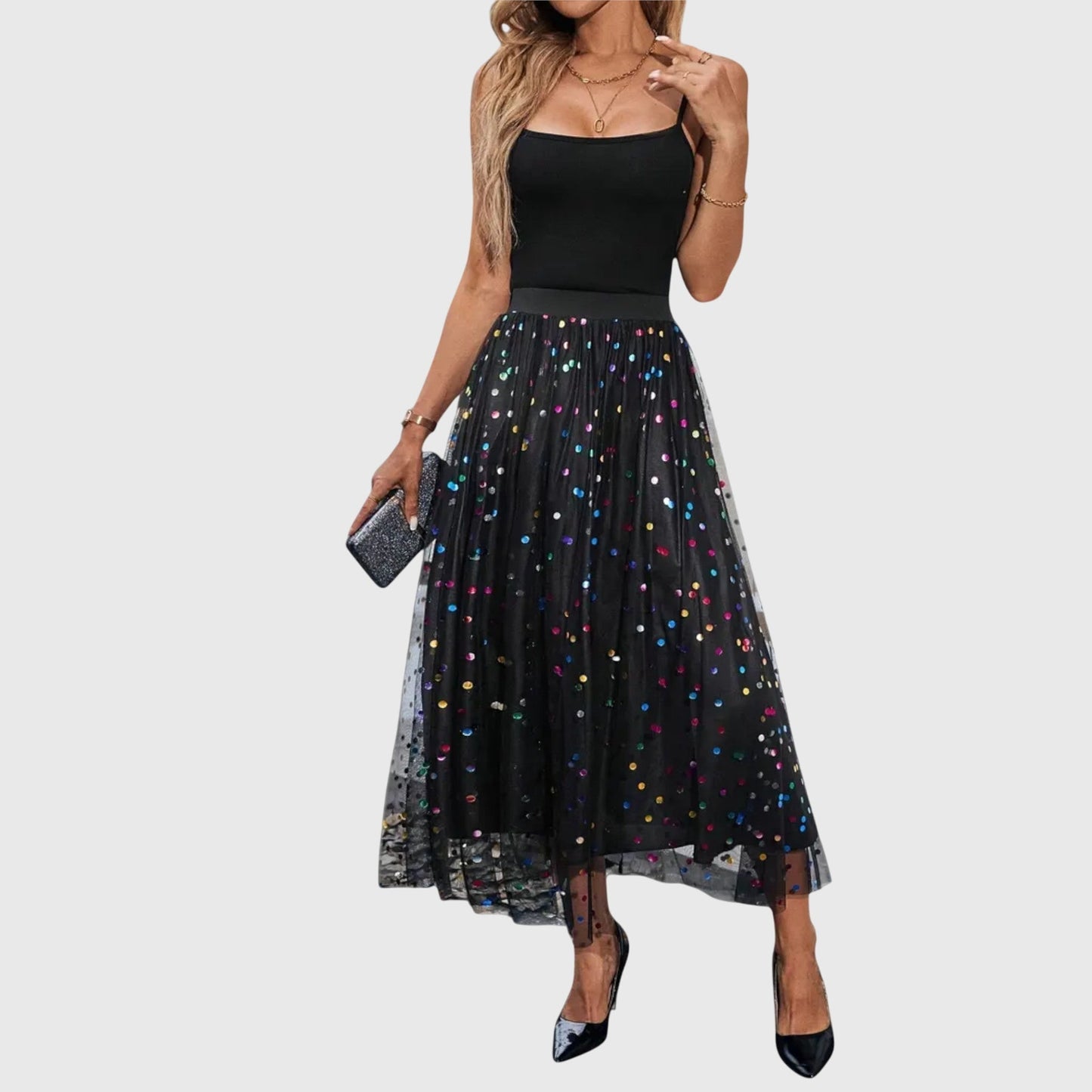 Elegant Black Sequin Polka Dot Maxi Skirt for Women with High Waist Mesh Overlay Sparkle Party Style