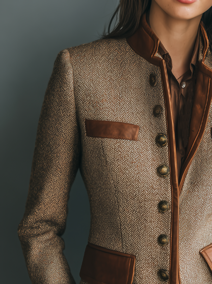 Elegant Brown Tweed Jacket for Women with Stand Collar Long Sleeve Leather Trim Fitted Style